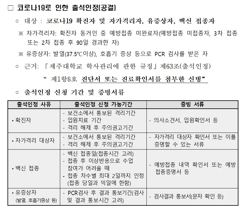 코로나19로 인한 공결신청 기준 및 방역사항 대응요령 안내